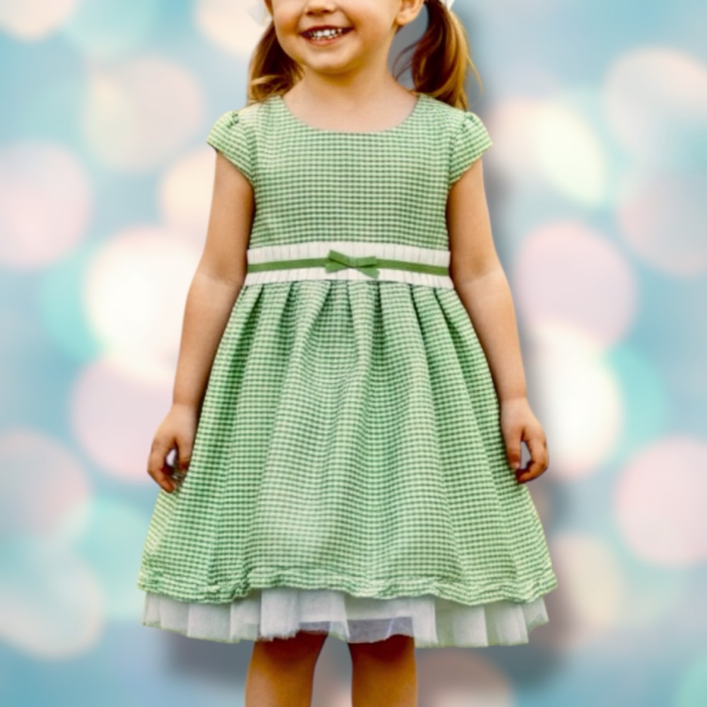Gymboree Girl’s Green and White Plaid Gingham Ruffle Bow Dress Size 5